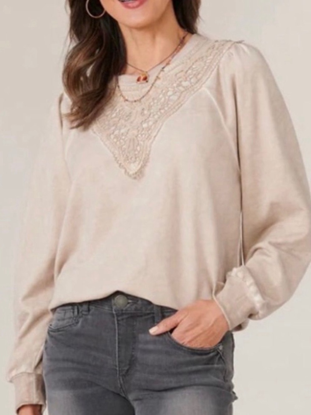 NWT Democracy Puff Shoulder Lace Crewneck